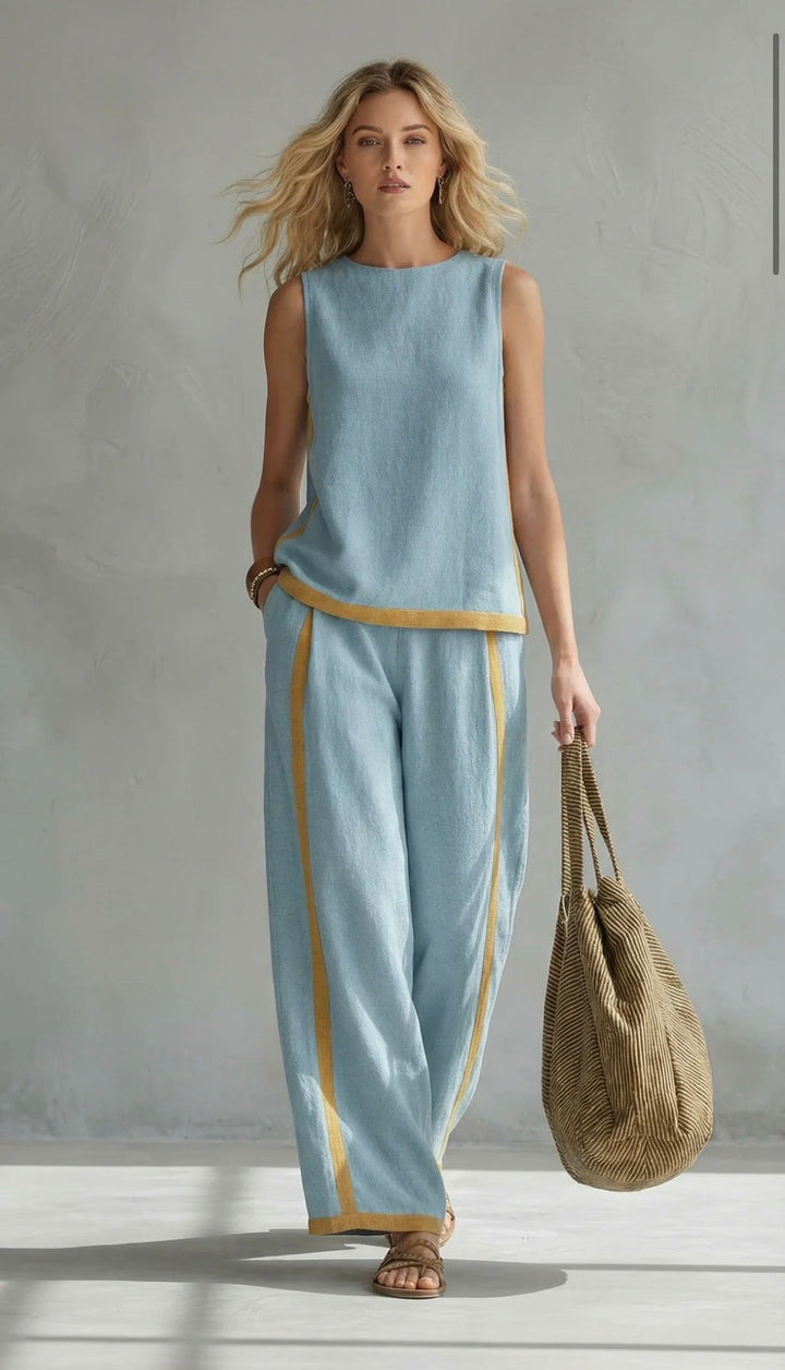 Elegantes Zweiteiliges Damen Set – Weste &amp; Hose aus Baumwoll-Leinen-Mix