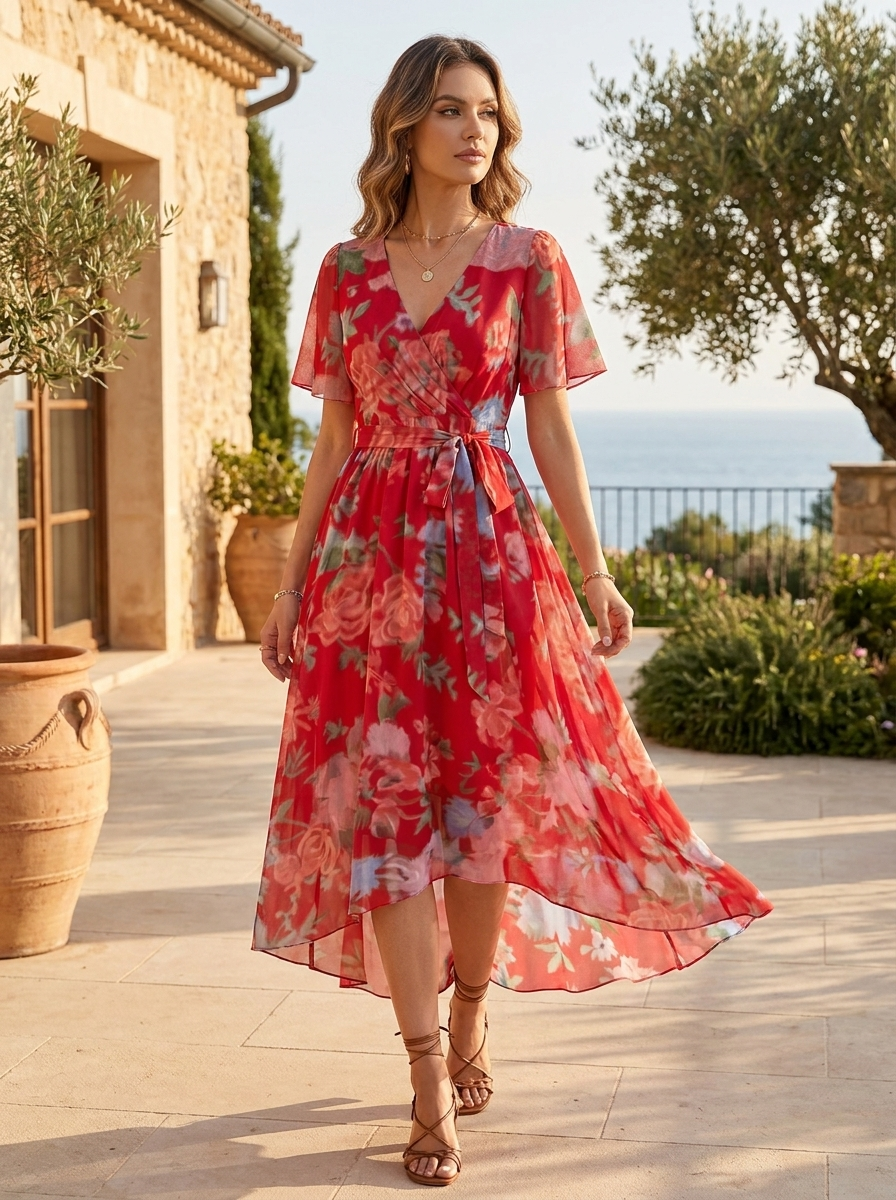 Elegantes Damen Wickelkleid mit V-Ausschnitt und Print