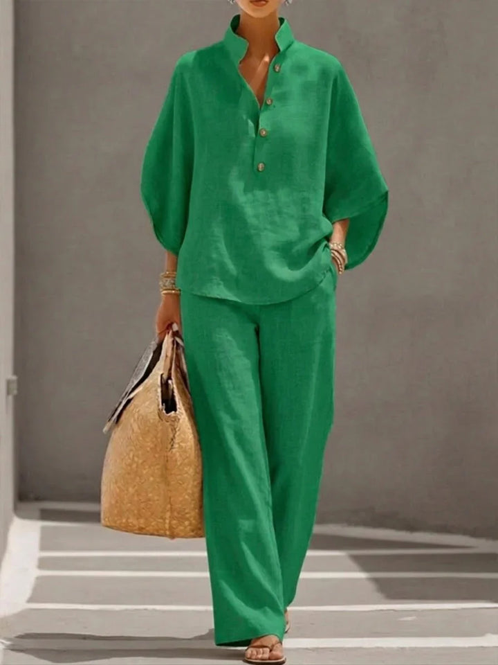 Elegantes Leinen Damen Zweiteiler-Set mit Fledermausärmeln und Weiter Hose