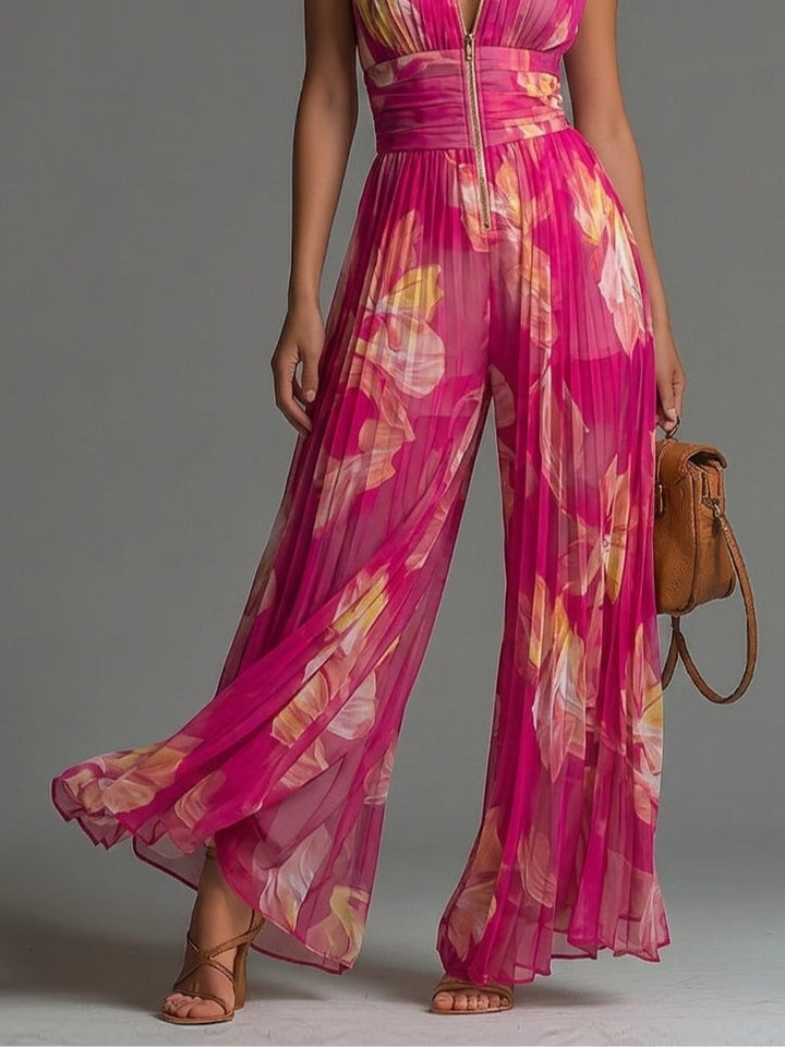 Eleganter Plissierter Damen Jumpsuit mit Blumenmuster