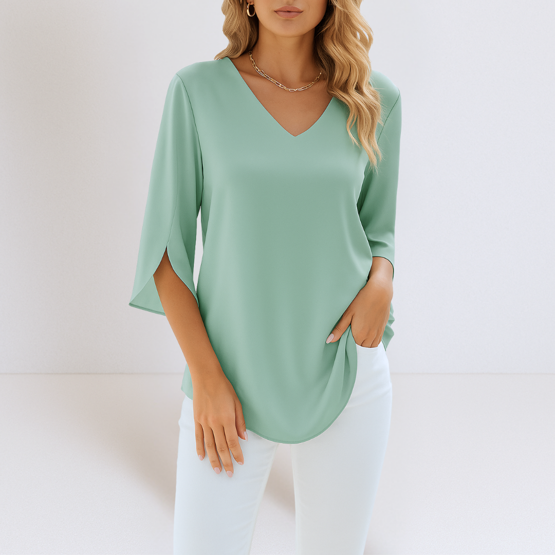 Elegante Sommerliche Damen Bluse mit V-Ausschnitt und geschlitzten Ärmeln