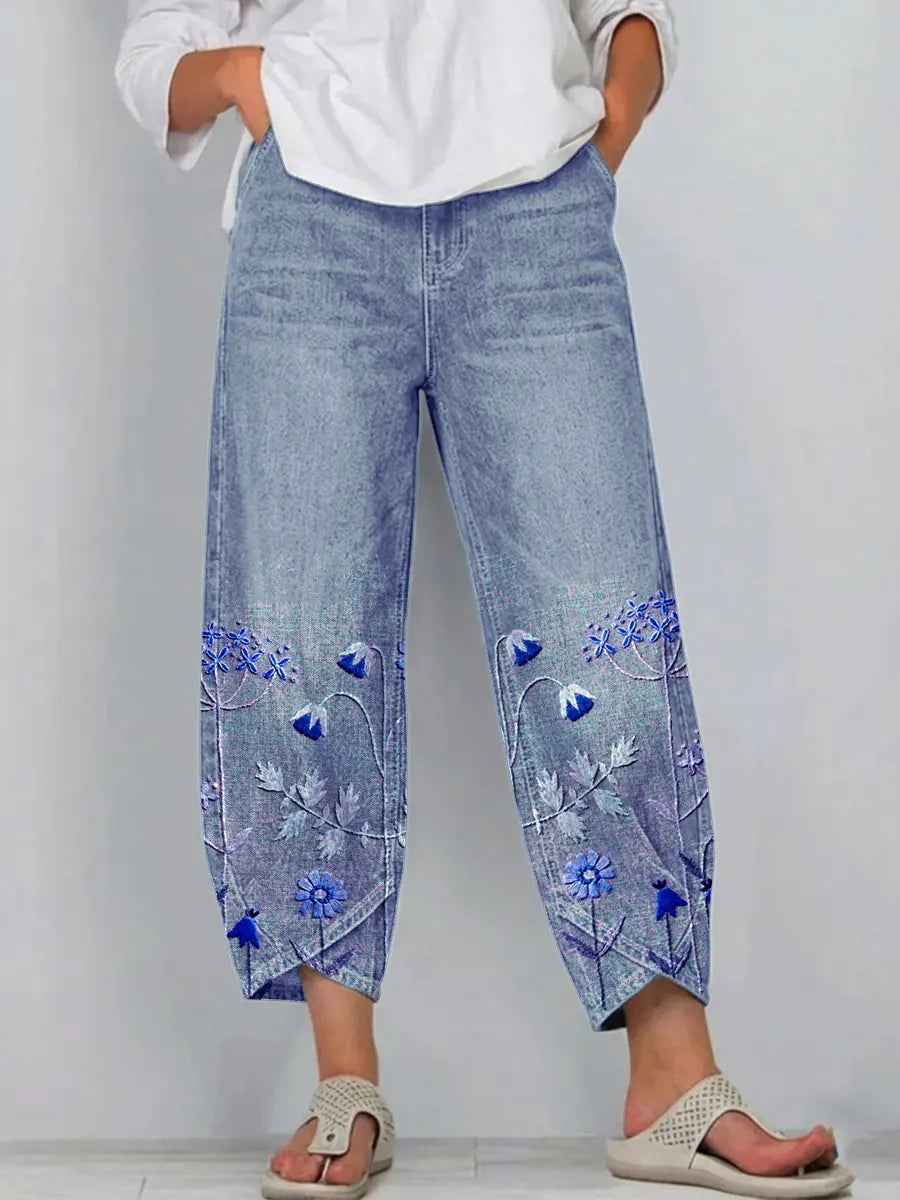Bestickte Damen Jeans-Hose mit weitem Bein