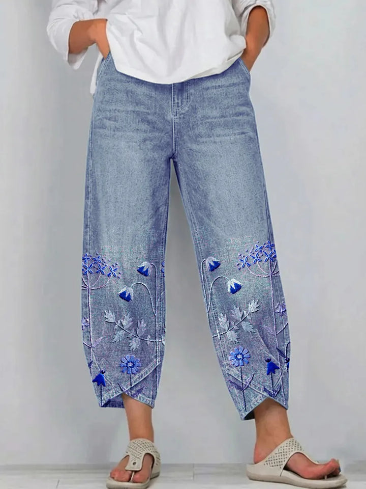 Bestickte Damen Jeans-Hose mit weitem Bein