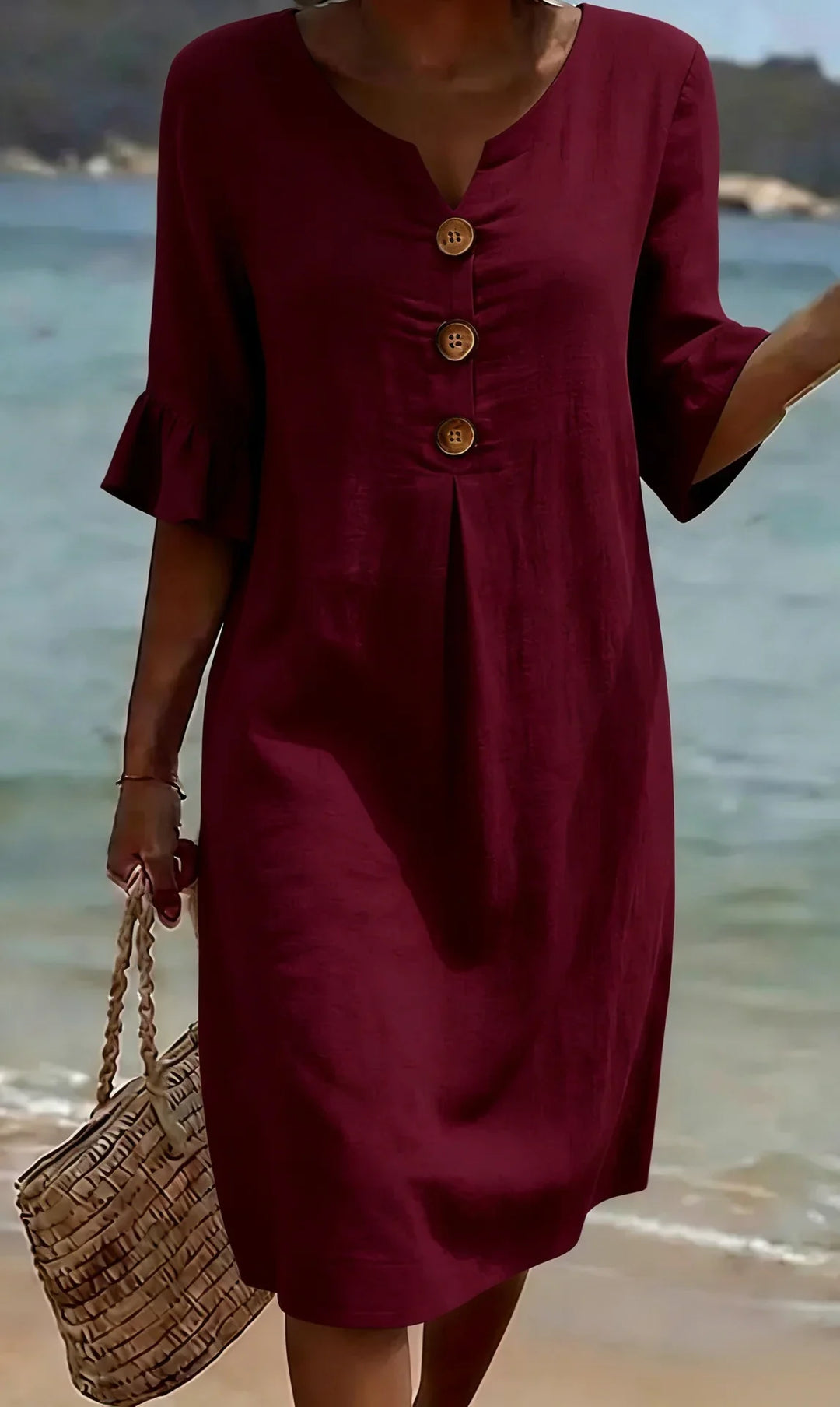 Lässiges Damen Leinenkleid mit Puffärmeln und Knöpfen