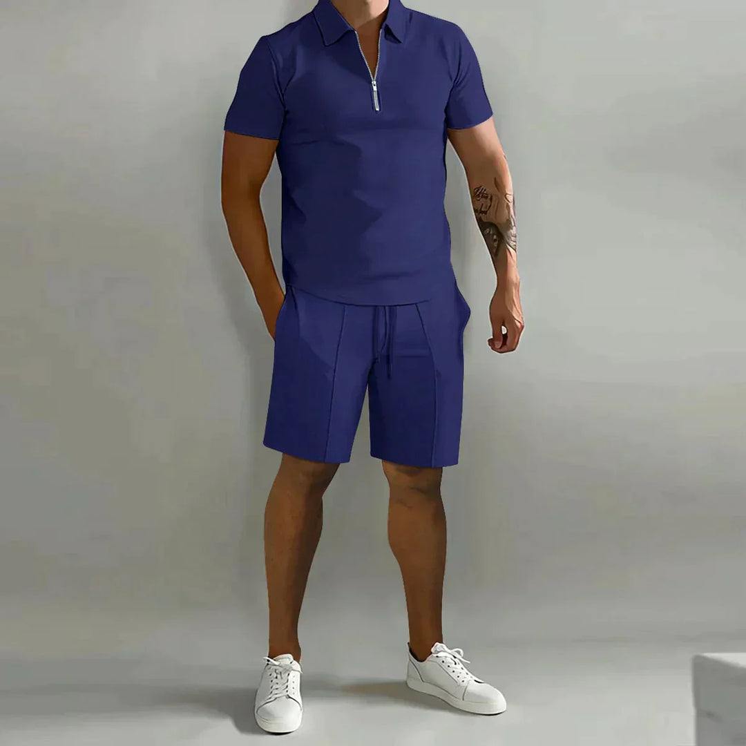 Leichtes Sommerliches Herren Polo-Shorts-Set mit Reißverschluss