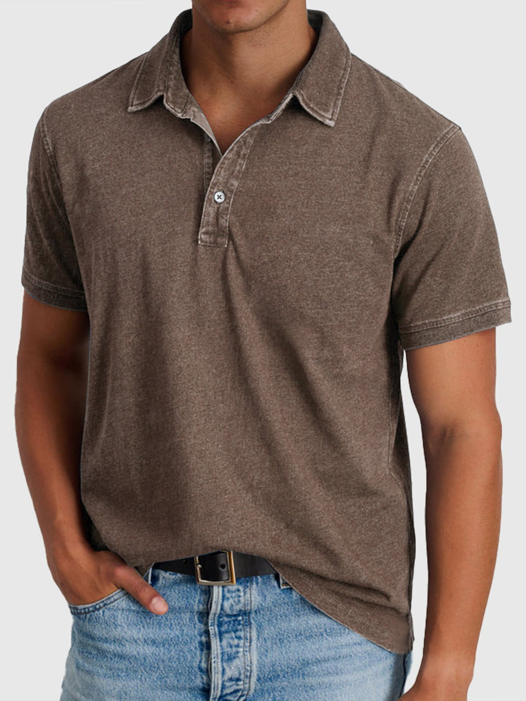 Herren Baumwoll-Denim Kurzarm Polo-Shirt - Brown