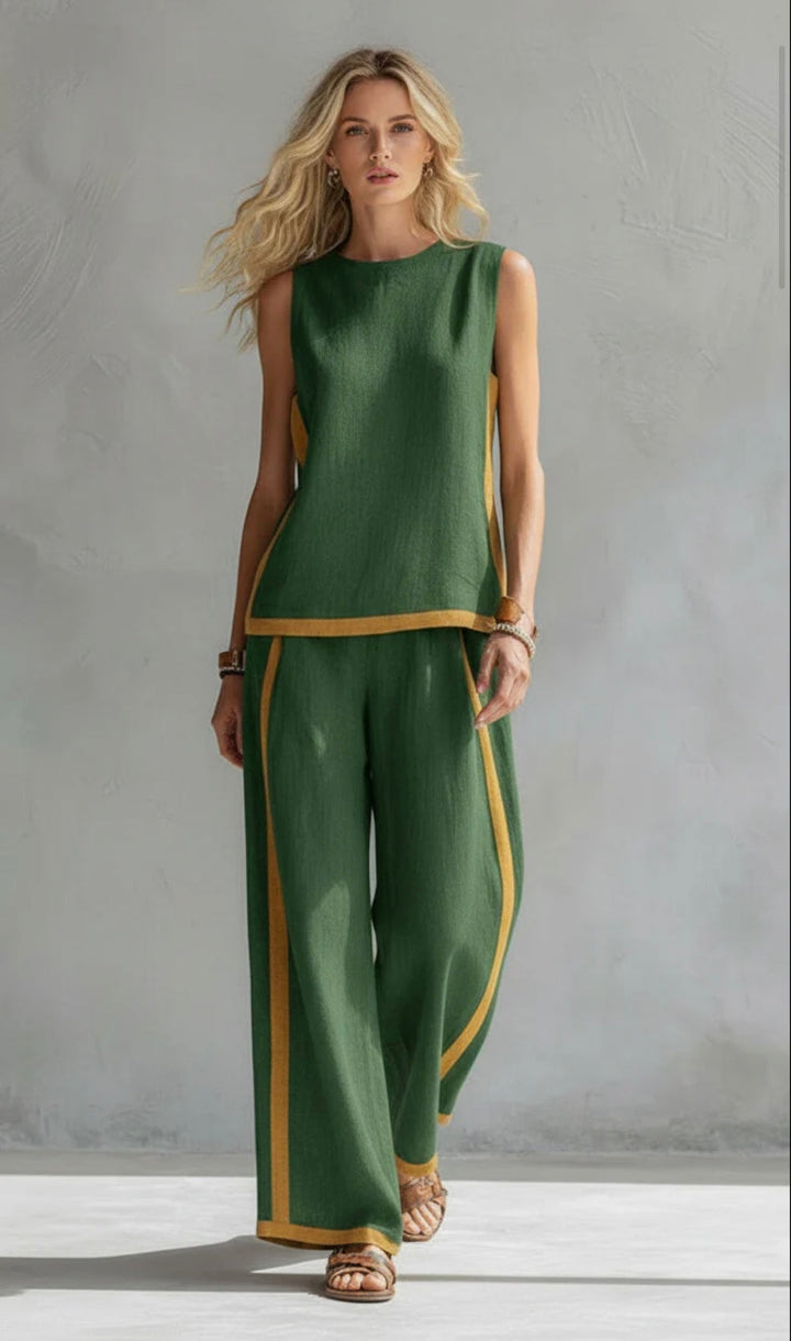 Elegantes Zweiteiliges Damen Set – Weste &amp; Hose aus Baumwoll-Leinen-Mix