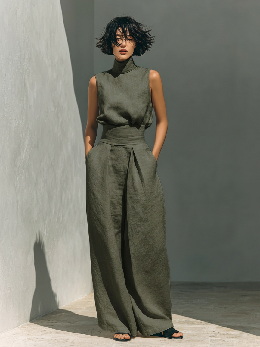 Elegantes Minimalistisches Damen Oberteil &amp; Weite Hosen-Set
