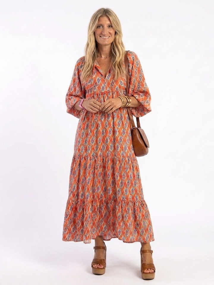 Luftiges Geometrisches Damen Midi-Kleid mit V-Ausschnitt