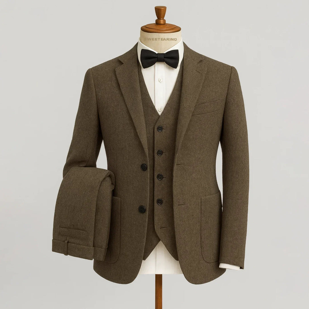 Eleganter Klassischer Herren Dreiteiliger Tweed Anzug