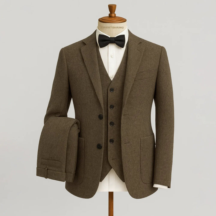 Eleganter Klassischer Herren Dreiteiliger Tweed Anzug