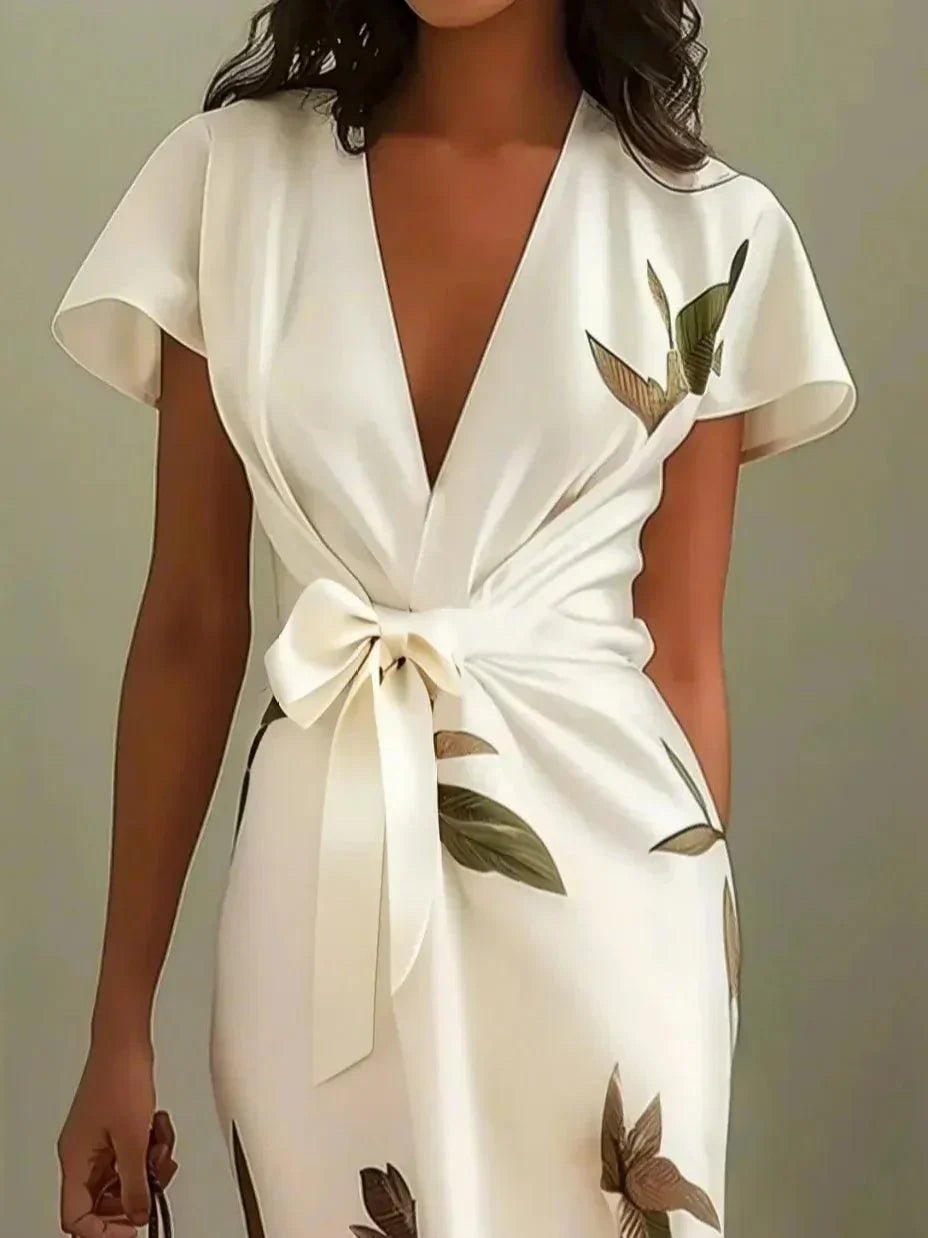 Damen Blumen Wickel Midi Kleid V-Ausschnitt