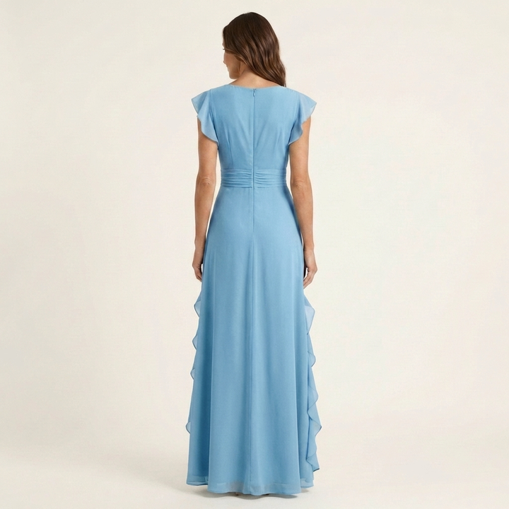 Elegantes Damen Maxikleid mit Wickel-V-Ausschnitt und Flatterärmeln