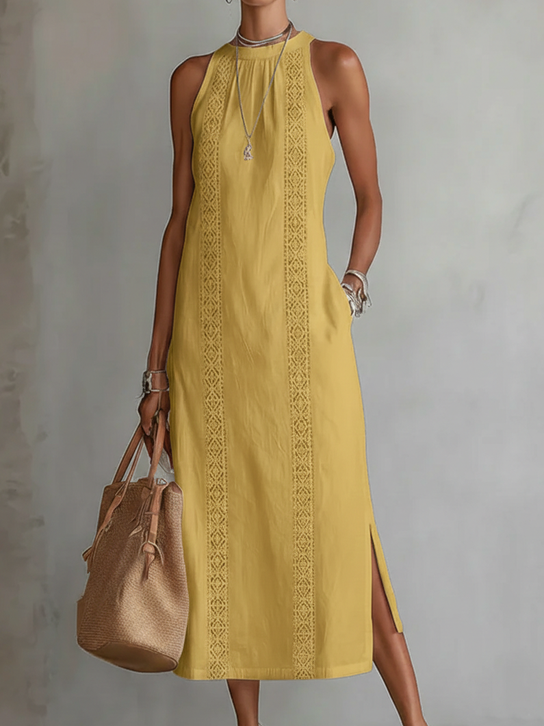 Elegantes Sommerliches Damen Midi-Kleid mit Stehkragen