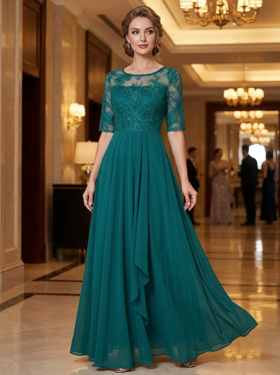 Elegantes Festliches Damen Chiffon-Maxikleid mit Spitzenoberteil