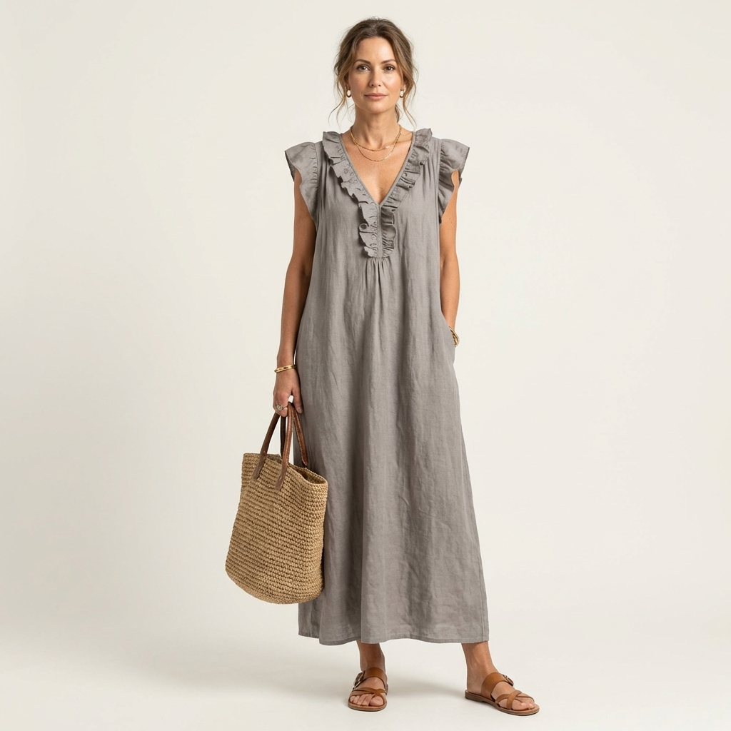 Elegantes Gerüschtes Damen Maxikleid mit V-Ausschnitt