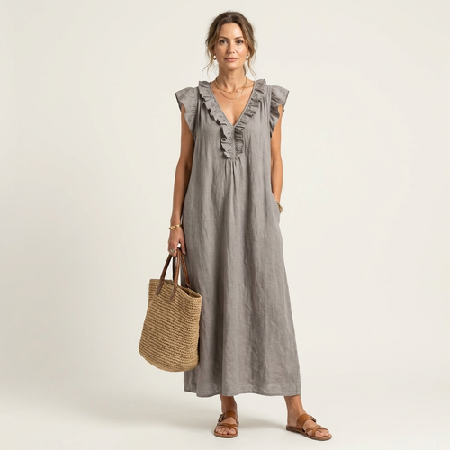 Elegantes Gerüschtes Damen Maxikleid mit V-Ausschnitt