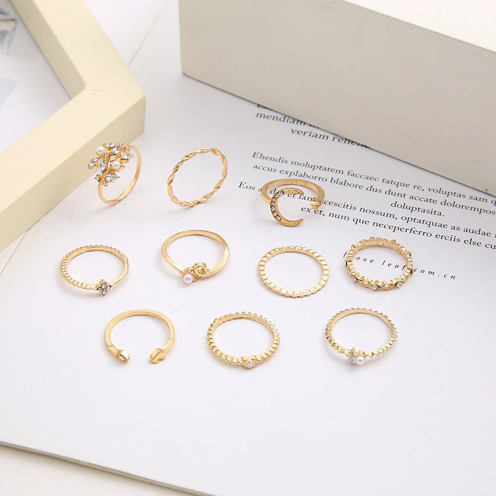 Elegantes Böhmisches Damen Ringset 10-teilig Silber &amp; Gold