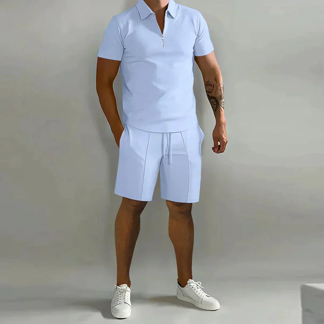 Leichtes Sommerliches Herren Polo-Shorts-Set mit Reißverschluss