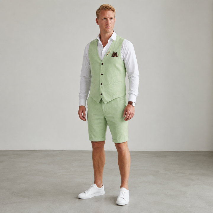 Sommerliches Leinen Herren Westen- und Shorts-Set