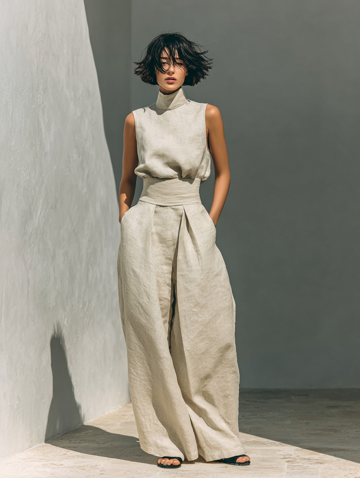 Elegantes Minimalistisches Damen Oberteil &amp; Weite Hosen-Set