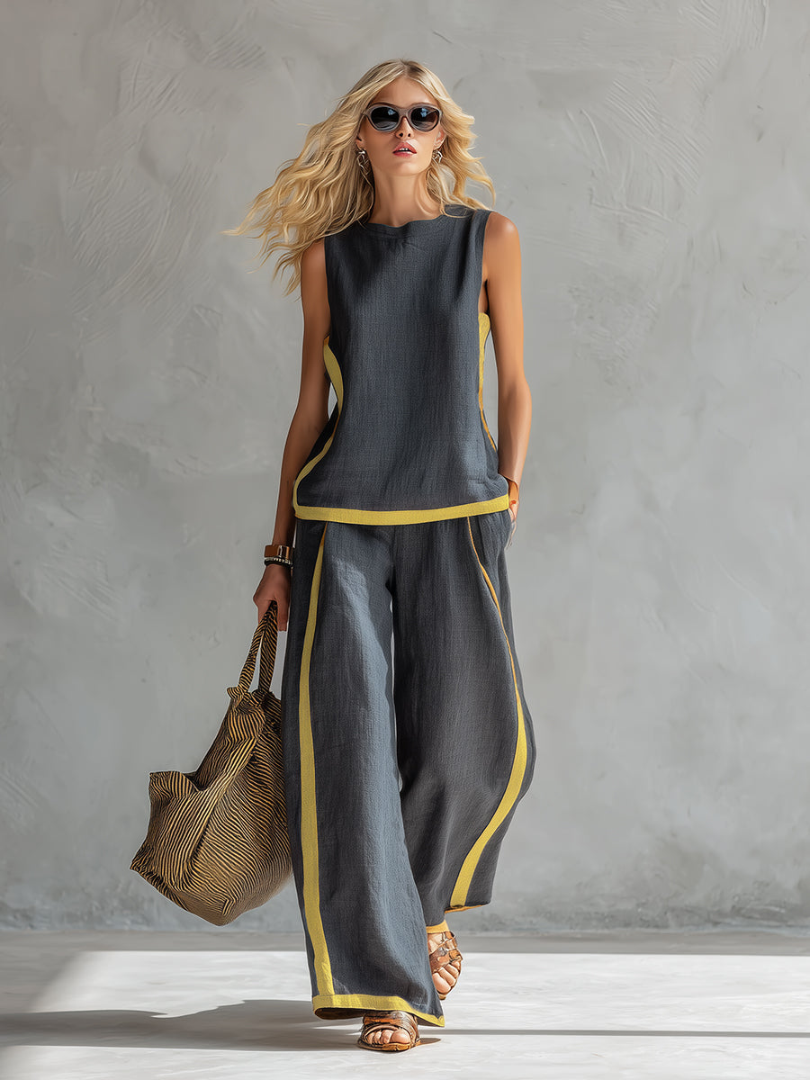 Elegantes Zweiteiliges Damen Set – Weste &amp; Hose aus Baumwoll-Leinen-Mix