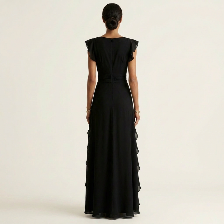 Elegantes Damen Maxikleid mit Wickel-V-Ausschnitt und Flatterärmeln