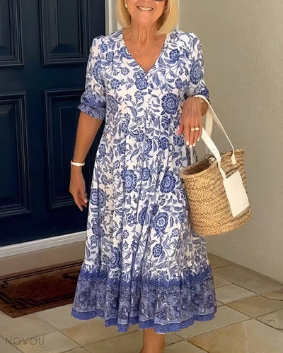 Elegantes Blumen Damen Kleid mit V-Ausschnitt