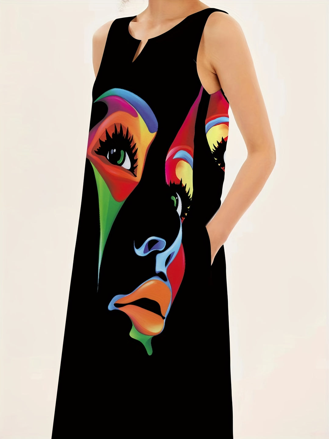 Modisches Damen Maxi-Kleid mit Gesichtsdruck