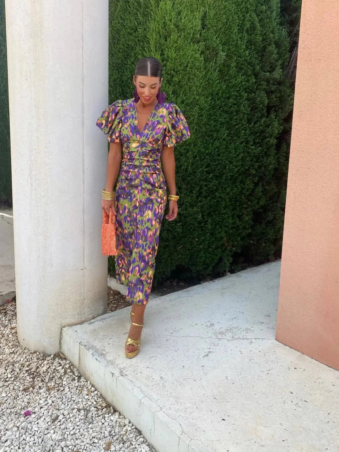 Buntes Damen Kleid mit Raffärmeln