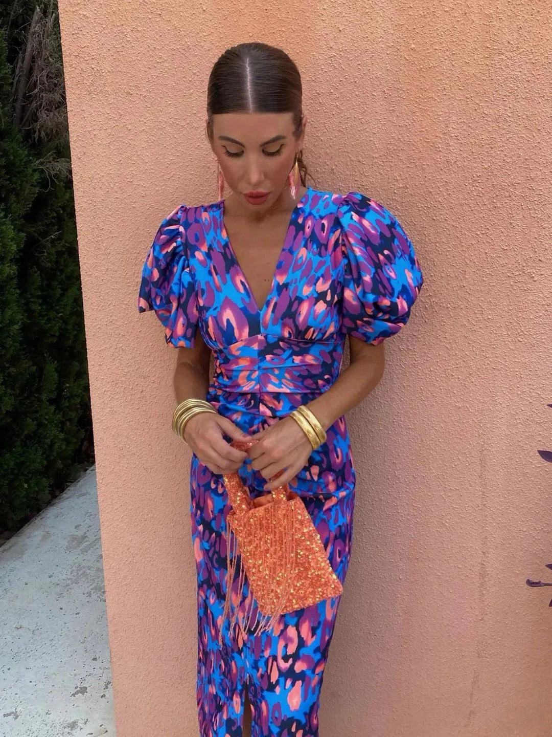 Buntes Damen Kleid mit Raffärmeln