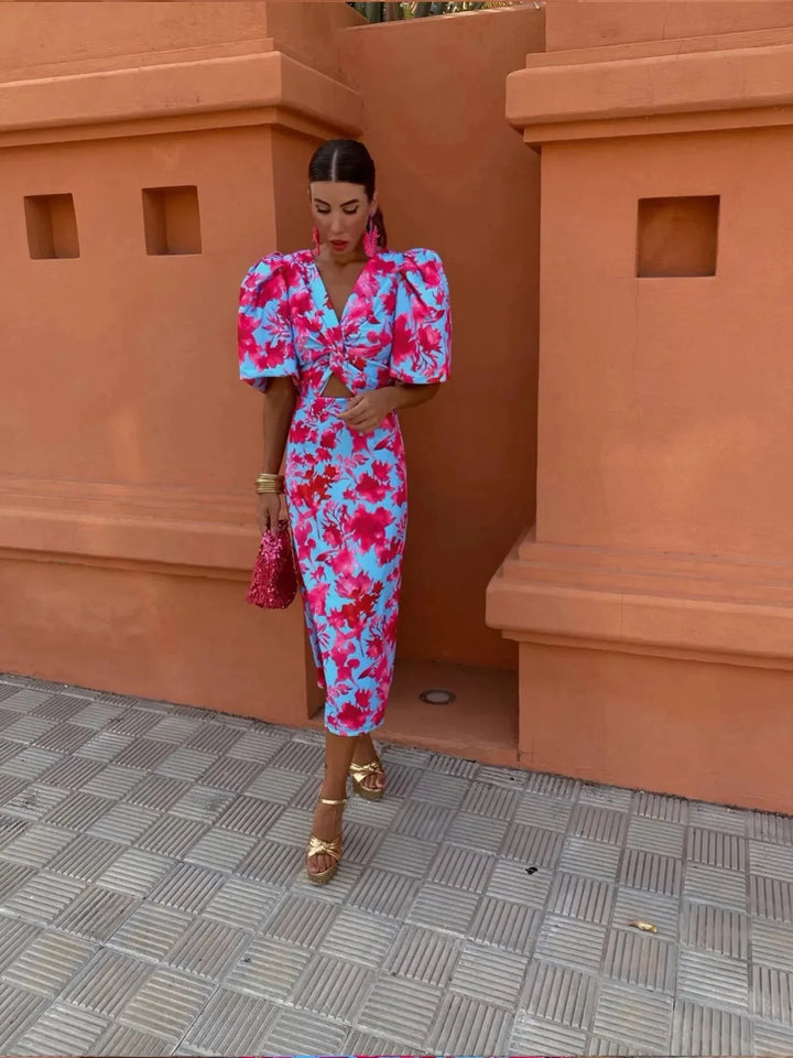 Buntes Damen Kleid mit Raffärmeln